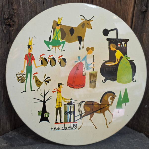 Vintage Mid Century Fanny Farmer Butter Cookie Tin MCM Folk Art Farm Litho Box