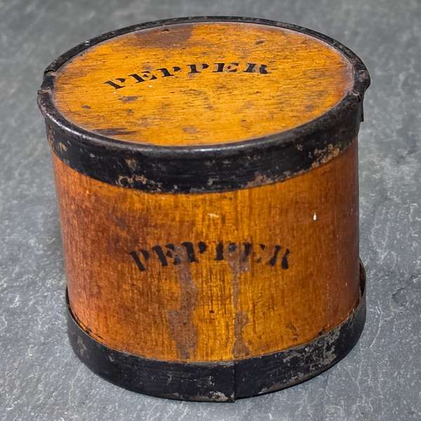 Antique Primitive Bentwood Tin Banded Spice Box Stenciled Pepper Pantry Canister