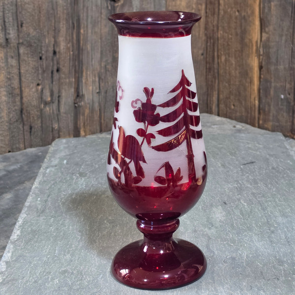 Antique Bohemian Ruby Red Cut to Clear Glass Footed Vase Bird Forest Egermann