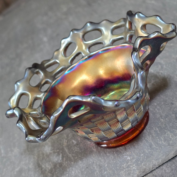 Antique Fenton Open Edge Basketweave Carnival Glass Ruffled Bowl 2 Row Lattice
