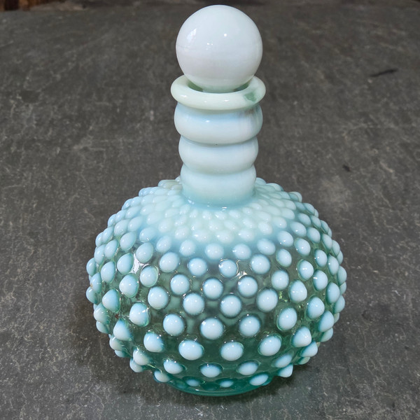 Vintage Fenton Blue Opalescent Hobnail Perfume Scent Bottle Ball Stopper Deco