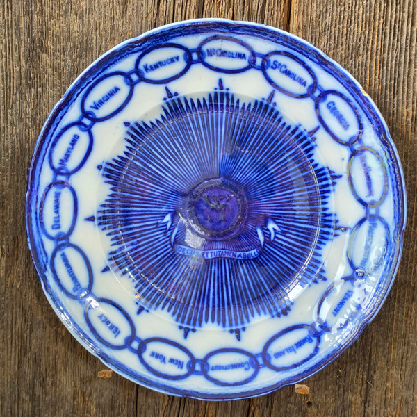 Antique Flow Blue Martha Washington Chain of States Plate Shawmut Boston 9"