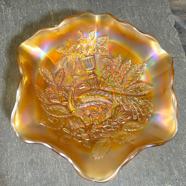 Antique Millersburg Marigold Carnival Glass Peacock and Urn Master Bowl Ruffled