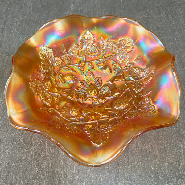 Antique Millersburg Marigold Carnival Glass Blackberry Wreath Ruffled Bowl Star