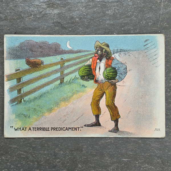 Antique 1908 Black Americana Comic Predicament Postcard Watermelon Chicken 1c Stamp Iowa PM