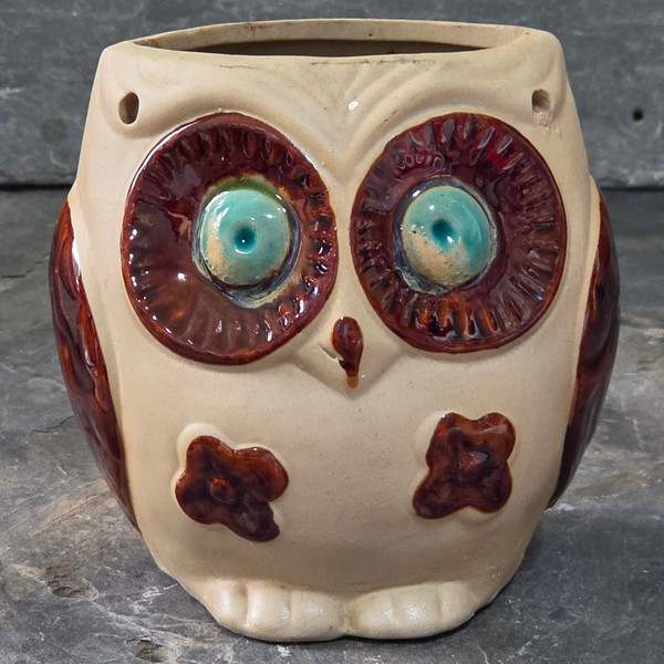 Vintage 70s Boho Owl Macrame Hanging Planter Art Pottery Stoneware Turquoise Pot