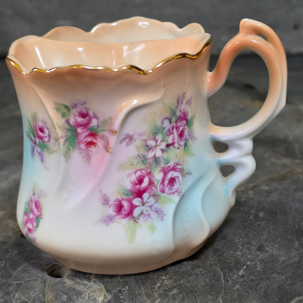 Antique Brandenburg German Porcelain Shaving Scuttle Mug Floral Roses Victorian