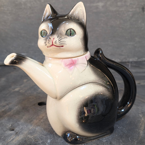 Vintage Erphila Germany Tuxedo Kitty Cat Teapot Figural Novelty Pink Bow Figural