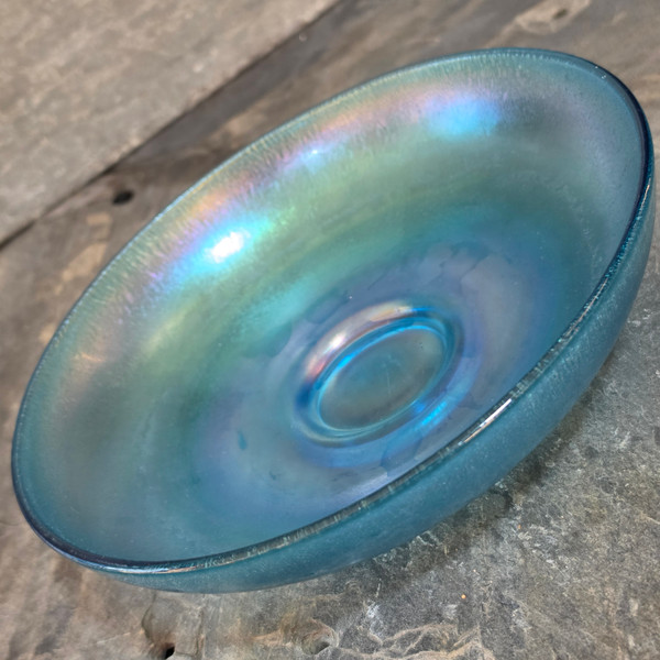 Antique Art Nouveau Blue Iridescent Favrile Stretch Art Glass Console Bowl Dish