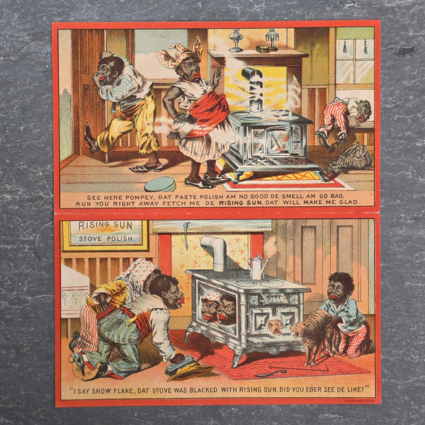 Victorian Rising Sun Stove Polish Large Trade Card Black Americana Pompey Snowflake Acrostic Morse Bros Ephemera Clean
