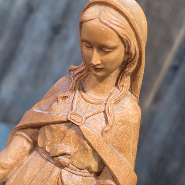 Vintage Hand Carved Wood Virgin Mary Statue Madonna Our Lady of Grace Figure