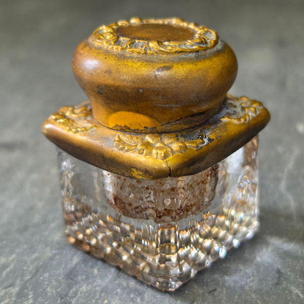 Antique Victorian Glass Inkwell Hinged Brass Floral Domed Lid Desk Hobnail Base