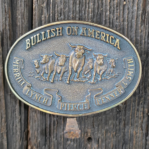 Vintage Jostens Merrill Lynch Bullish On America Brass Belt Buckle Wall Street