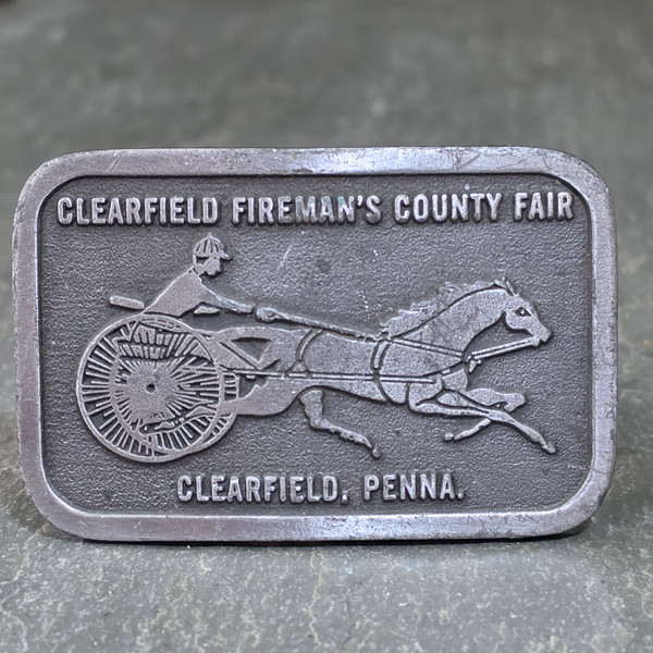 Vintage Clearfield Fireman's County Fair Harness Racing Belt Buckle PA Hit Line