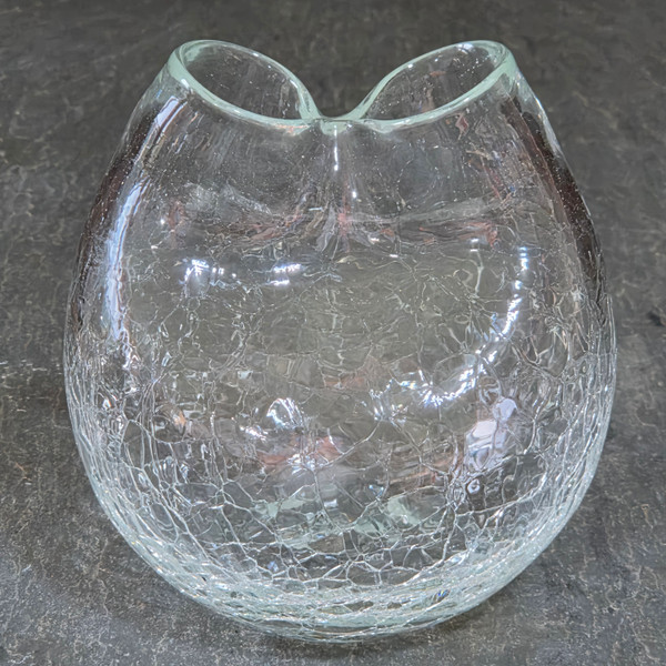 Vintage Clear Crackle Glass Vase Hand Blown Double Spout Pinched Rim Art Glass