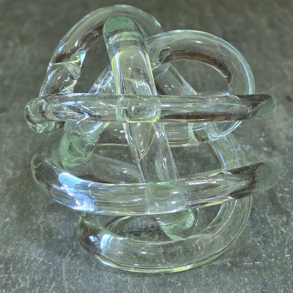 Handblown Clear Art Glass Knot Sculpture Paperweight Spherical Pretzel MCM Decor
