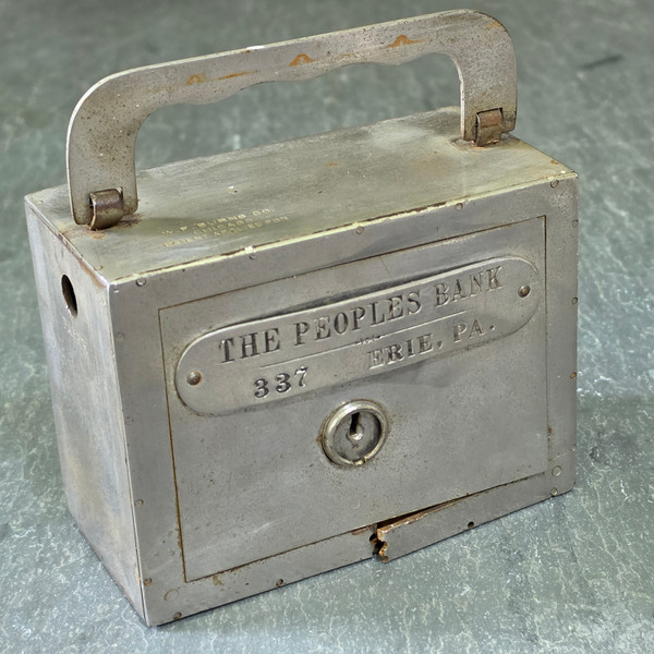 Antique 1900s WF Burns Peoples Bank Erie PA Safe Still Bank Coin Box Steel Brass