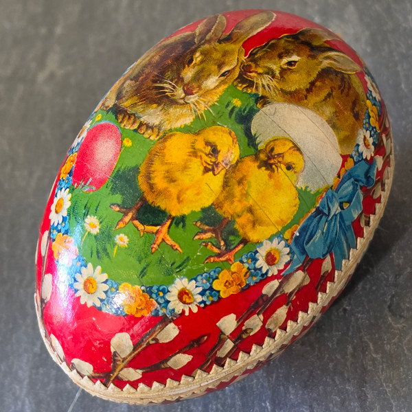 Vintage Paper Mache Easter Egg Candy Container Bunnies Chicks Dresden German