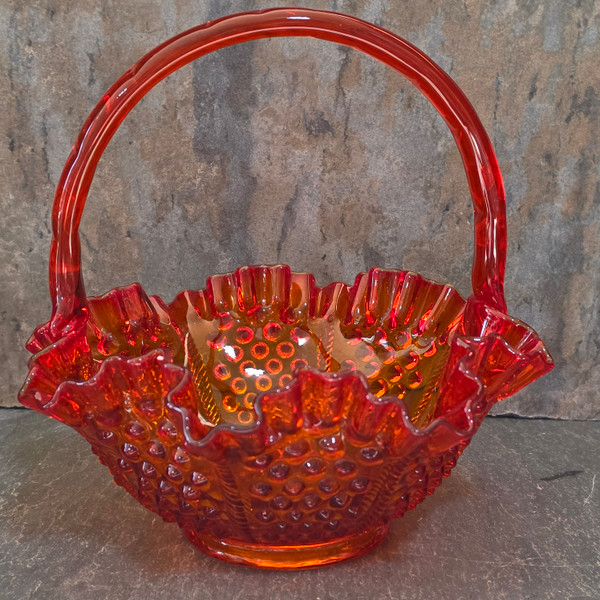 Vintage Fenton Amberina Art Glass Hobnail Basket Ruffled Crest Applied Handle