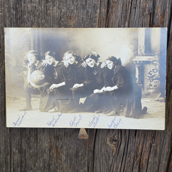 Antique 1909 RPPC Girls Basketball Team Real Photo Postcard Bloomers Identified