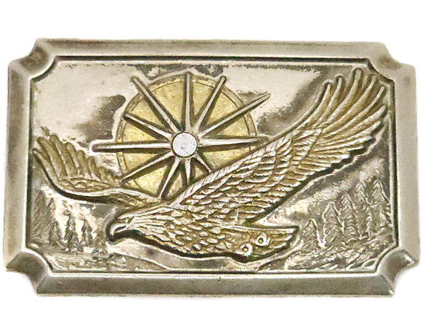 Vintage Soaring Eagle Over Sunrise Valley Silver Tone Belt Buckle w/ Jewel