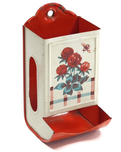 Vintage Shabby Tin Wall Mount Wooden Match Box Holder Safe Flowers & Bee Print