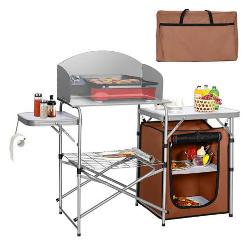 Foldable Outdoor BBQ Portable Grilling Table With Windscreen Bag - Color: Brown