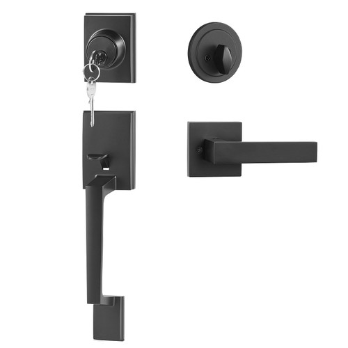 VEVOR Front Door Handle and Deadbolt Set, Matte Black Square Handle Set with Lever Door Handle, Sin