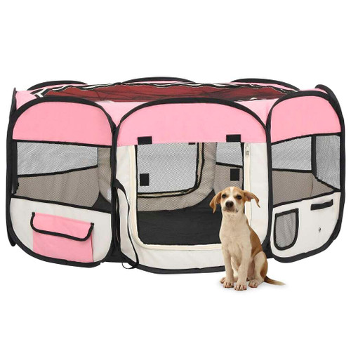vidaXL Foldable Dog Playpen with Carrying Bag Pink 57.1"x57.1"x24"