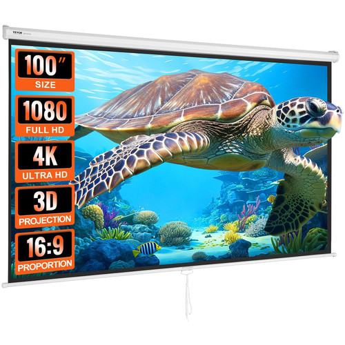 VEVOR Manual Projector Screen, 100 inch 16:9 4K 1080 HD Retractable Pull Down Projector Screen, Aut