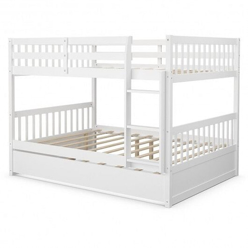 Full over Full Bunk Bed Platform Wood Bed with Ladder-White
