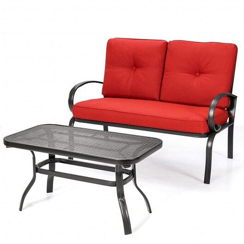 2 Pieces Patio Outdoor Cushioned Coffee Table Seat-Red - Color: Red