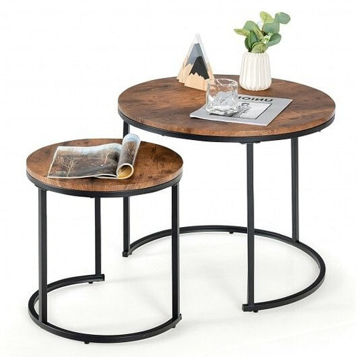 Set of 2 Modern Round Stacking Nesting Coffee Tables for Living Room-Rustic Brown - Color: Rustic B