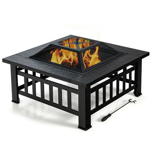 32 Inch 3 in 1 Outdoor Square Fire Pit Table with BBQ Grill and Rain Cover for Camping - Color: Bla