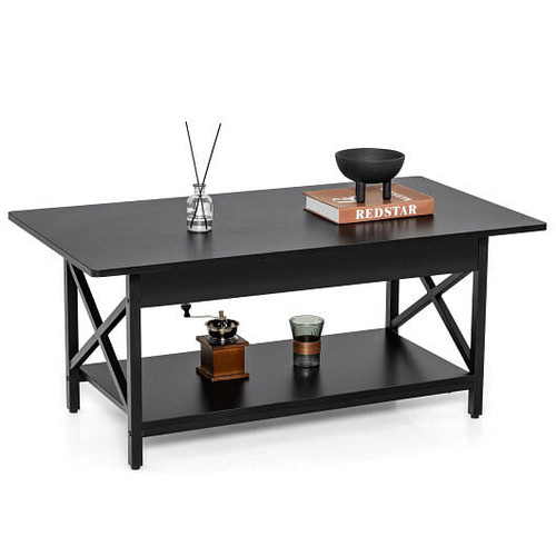 2-Tier Industrial Rectangular Coffee Table with Storage Shelf-Black - Color: Black