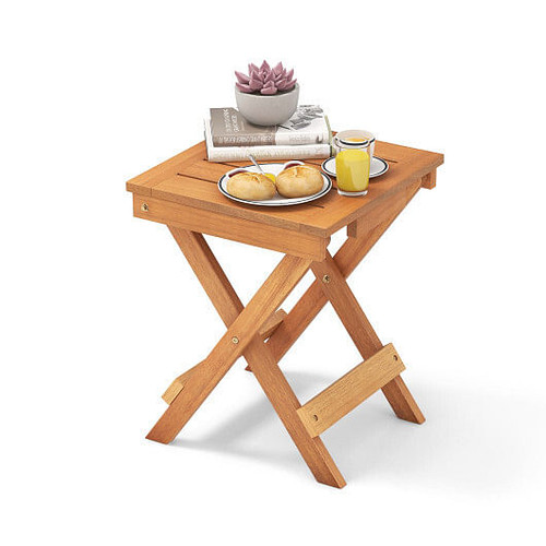 14 Inch Compact Folding Side Table with Slatted Tabletop - Color: Natural