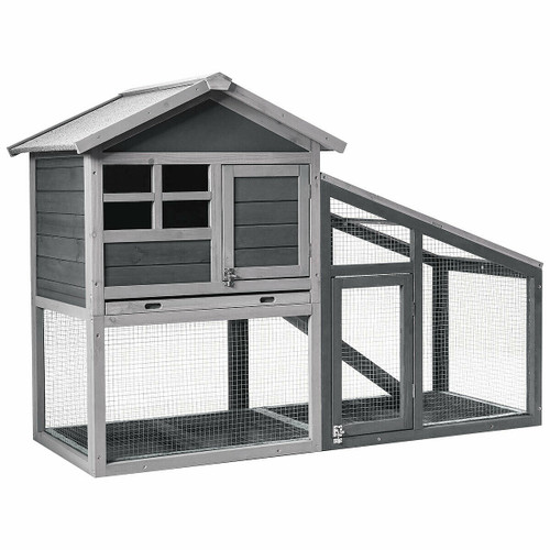 56.5 Inch Length Wooden Rabbit Hutch with Pull out Tray and Ramp - Color: Gray