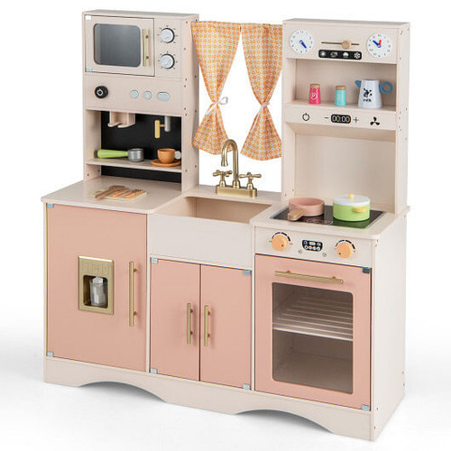 Kids Kitchen Playset with Microwave and Coffee Maker for Ages 3+-Pink - Color: Pink