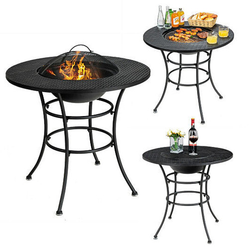 31.5 Inch Patio Fire Pit Dining Table With Cooking BBQ Grate - Color: Black