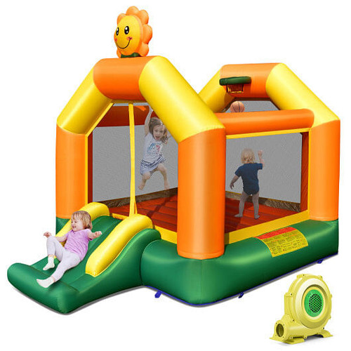 Kids Inflatable Bounce House with Slide and Basketball Rim with 735W Blower - Color: Yellow