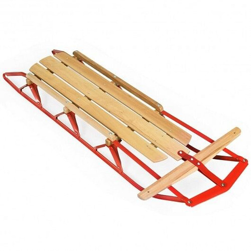 54 Inch Kids Wooden Snow Sled with Metal Runners and Steering Bar - Color: Red