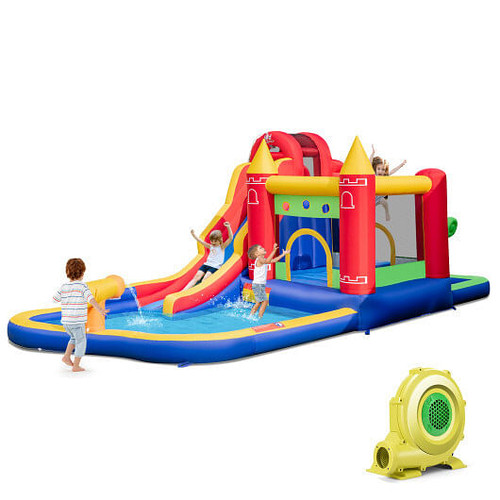 9-in-1 Inflatable Bounce Castle with Water Slide and Splash Pool with 735W Blower - Color: Multicol