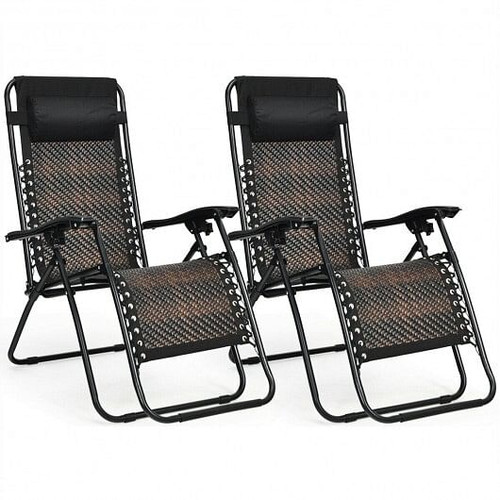 2 Pieces Folding Patio Rattan Zero Gravity Lounge Chair-Brown - Color: Brown