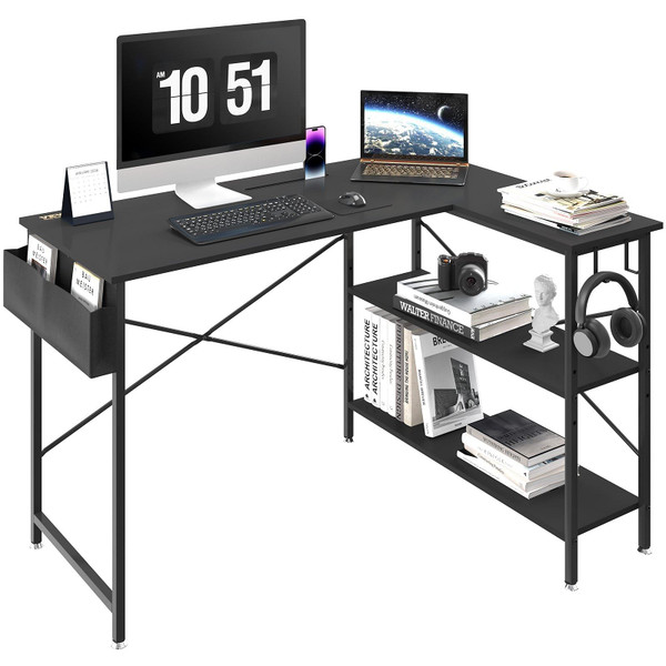 VEVOR L Shaped Computer Desk, 47'' Corner Desk with Storage Shelves, Bag, Phone Slot, and Headphone