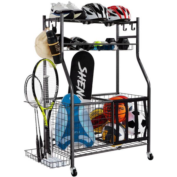 VEVOR Sports Equipment Garage Organizer, Rolling Ball Storage Cart on Wheels, Basketball Rack with 