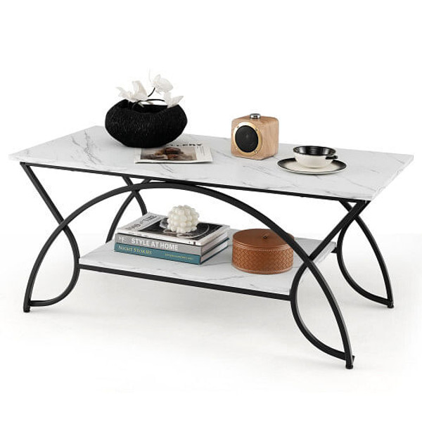2-Tier Faux Marble Coffee Table with Marble Top and Metal Frame-Black & White - Color: Black & Whit