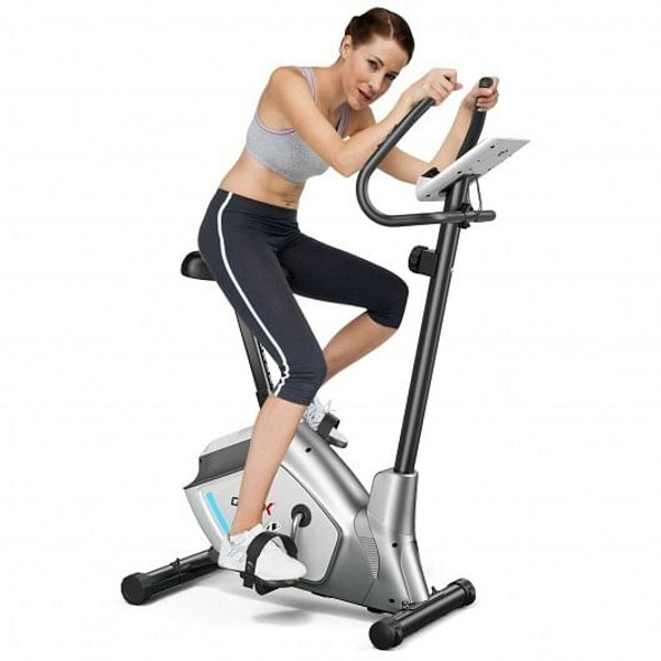 Magnetic Stationary Upright Exercise Bike with LCD Monitor and Pulse Sensor - Color: Silver