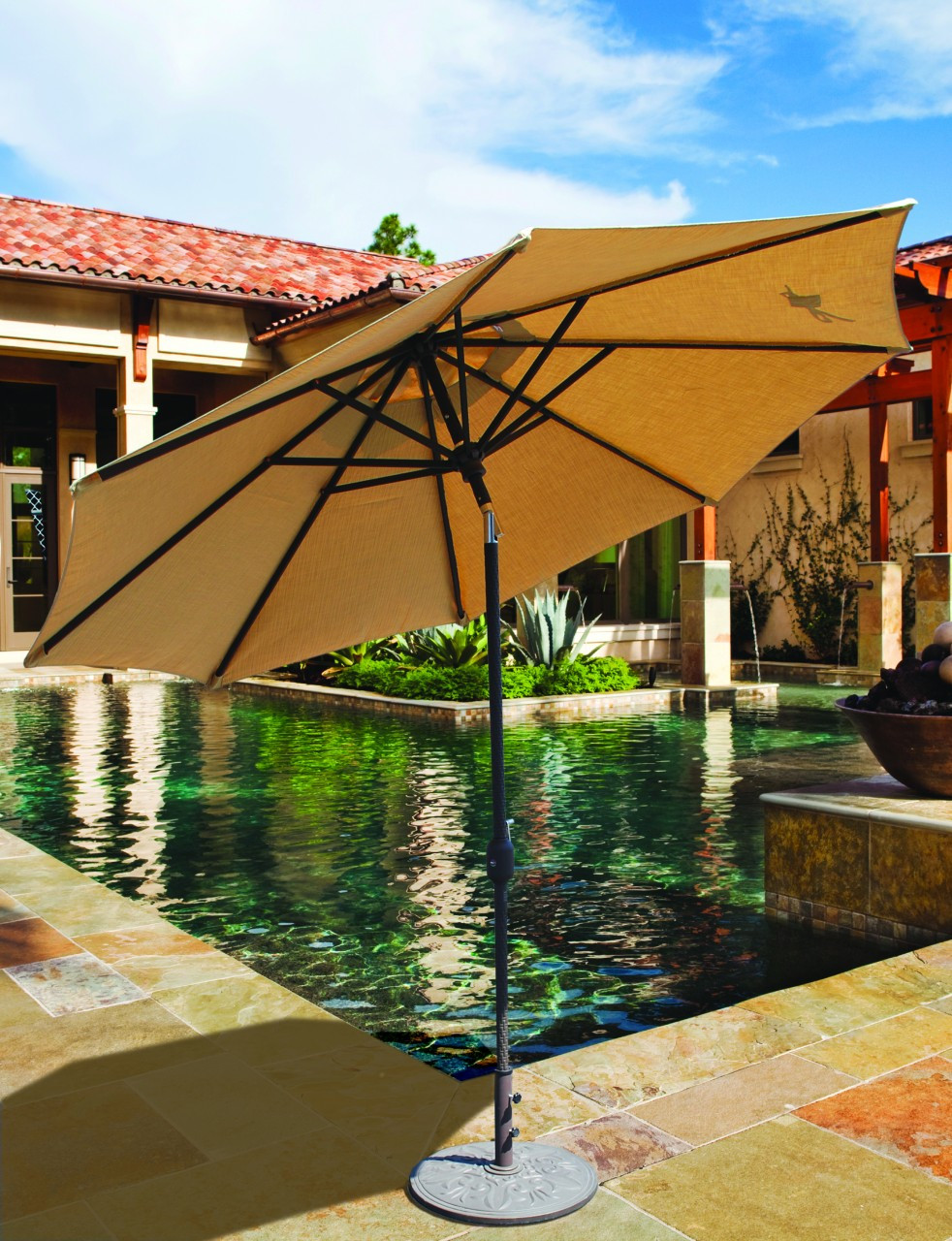 galtech sunbrella 9-ft aluminum bamboo patio umbrella 9ft Gray - Auto Tilt Frame Outdoor Use Poolside Dining Garden Galtech has always desired to make a better market umbrella Galtech 9' Sunbrella Double Pulley