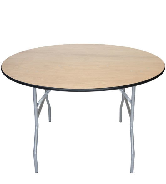 Luan 48" (4 ft) Round Wood Folding Table, Vinyl Edging, Bolt-Thru Top, Locking Steel Frame