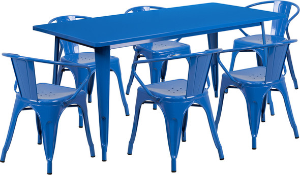 Indoor/Outdoor Cafe Metal 7 Piece set- 31.5" x 63" Rectangle Table with 6 Arm Chairs-Blue